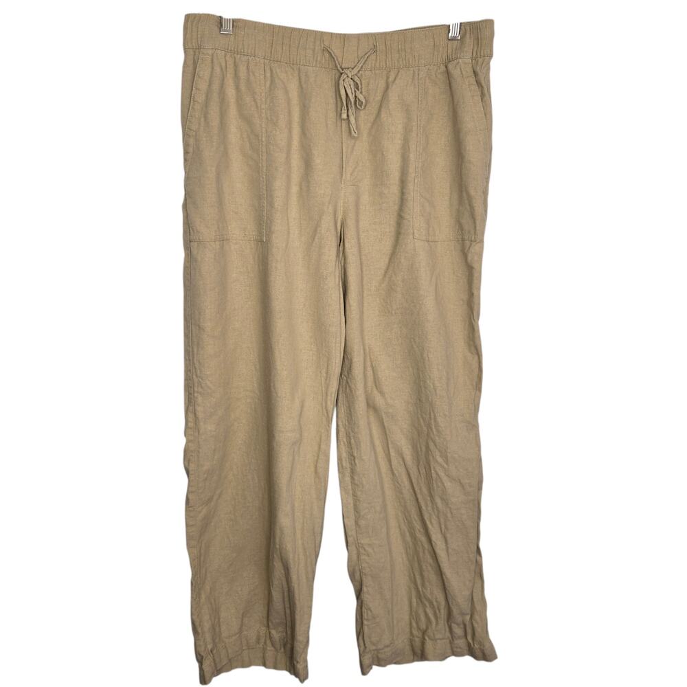 Gap Women Linen Blend Pants Coastal Summer Wide Leg Vacation Pockets Tan Large